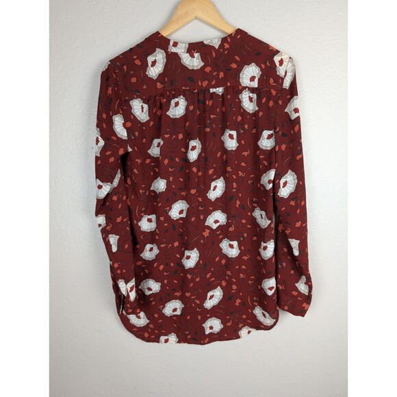 LOFT Burgundy Floral Split Neck Roll Tab Sleeve Blouse, Size S 182 - Picture 2 of 6